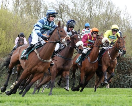 A racehorse jumps a large brush fence during a rigorous Grand National training session.