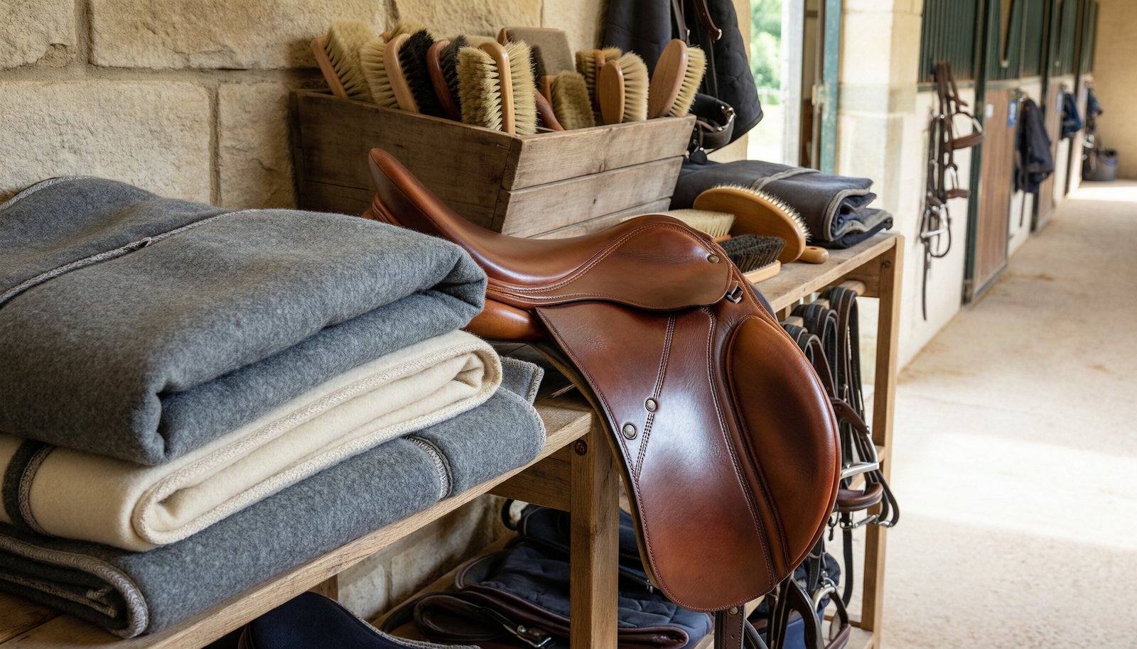 Well-maintained horse grooming equipment and blankets stored neatly in a stable.