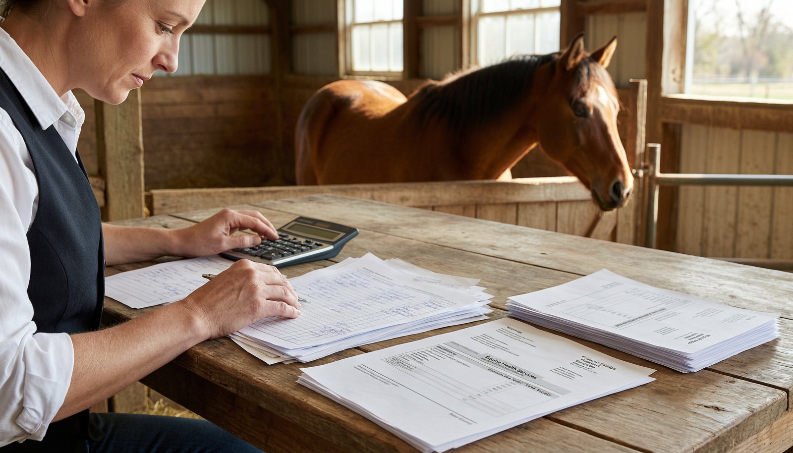 A person organizing financial records and invoices inside a horse stable.