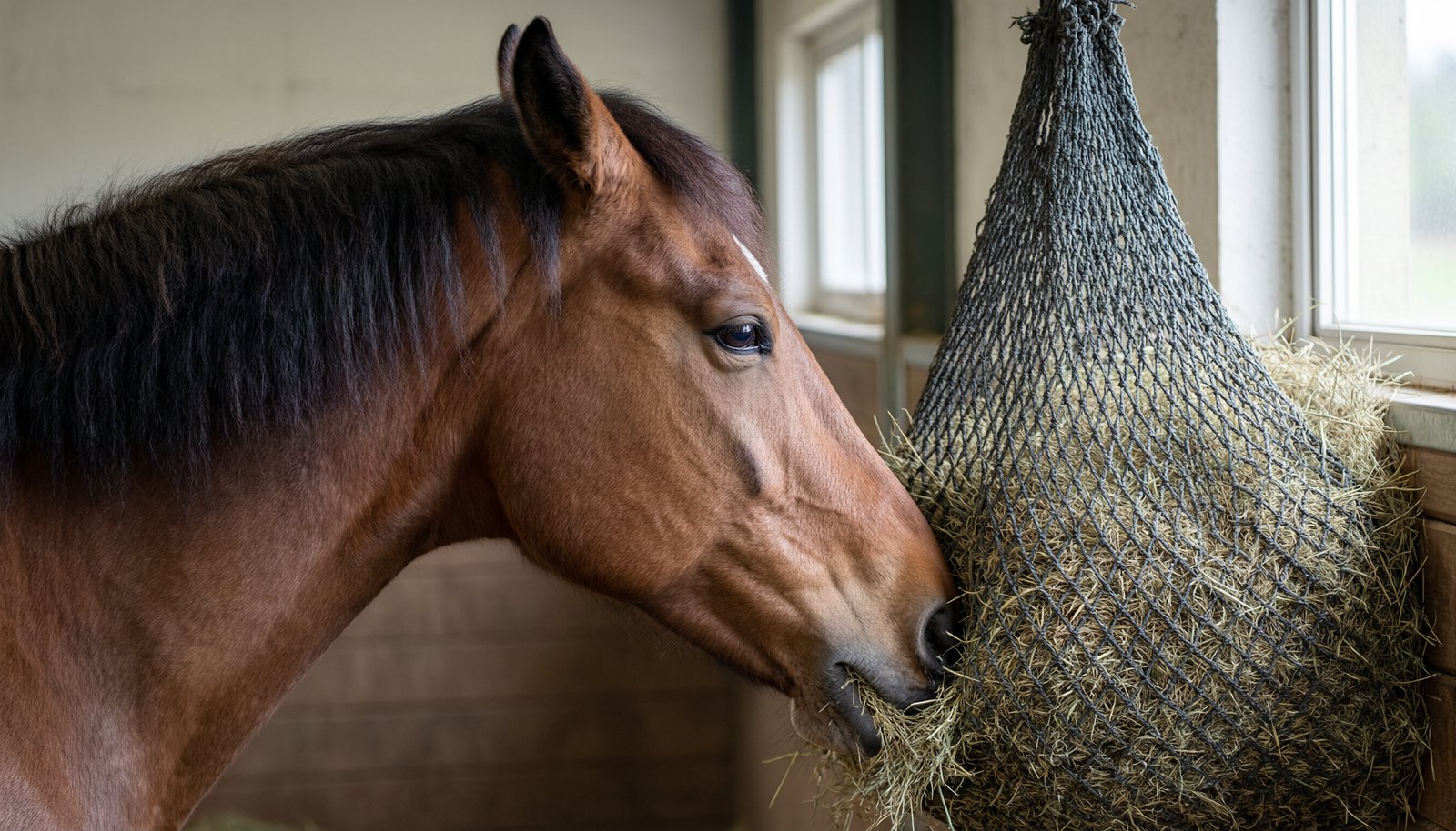A horse eats hay from a slow-feed net to prevent waste.