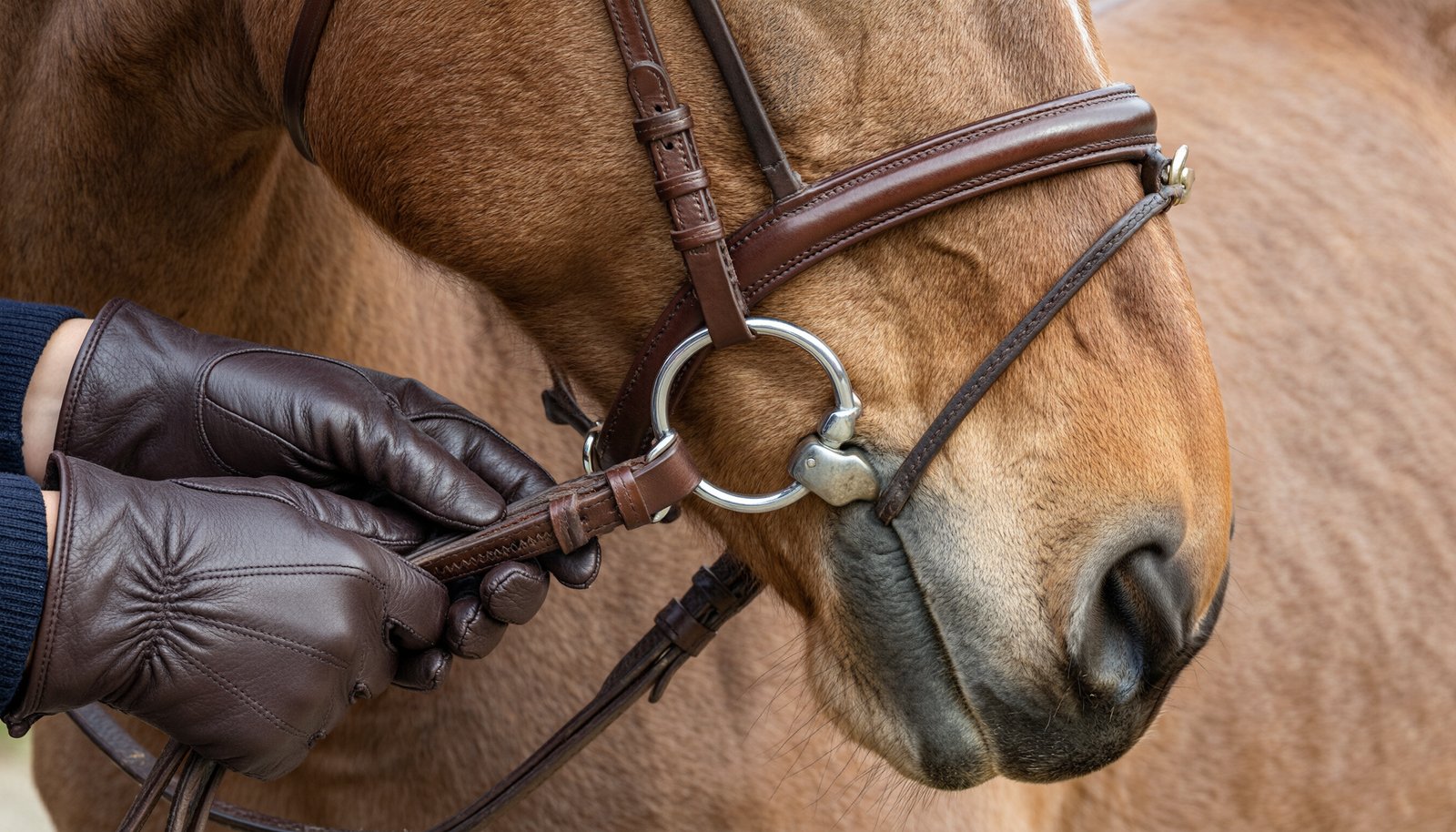 Close-up of horse bridle and reins held by a rider's hands.