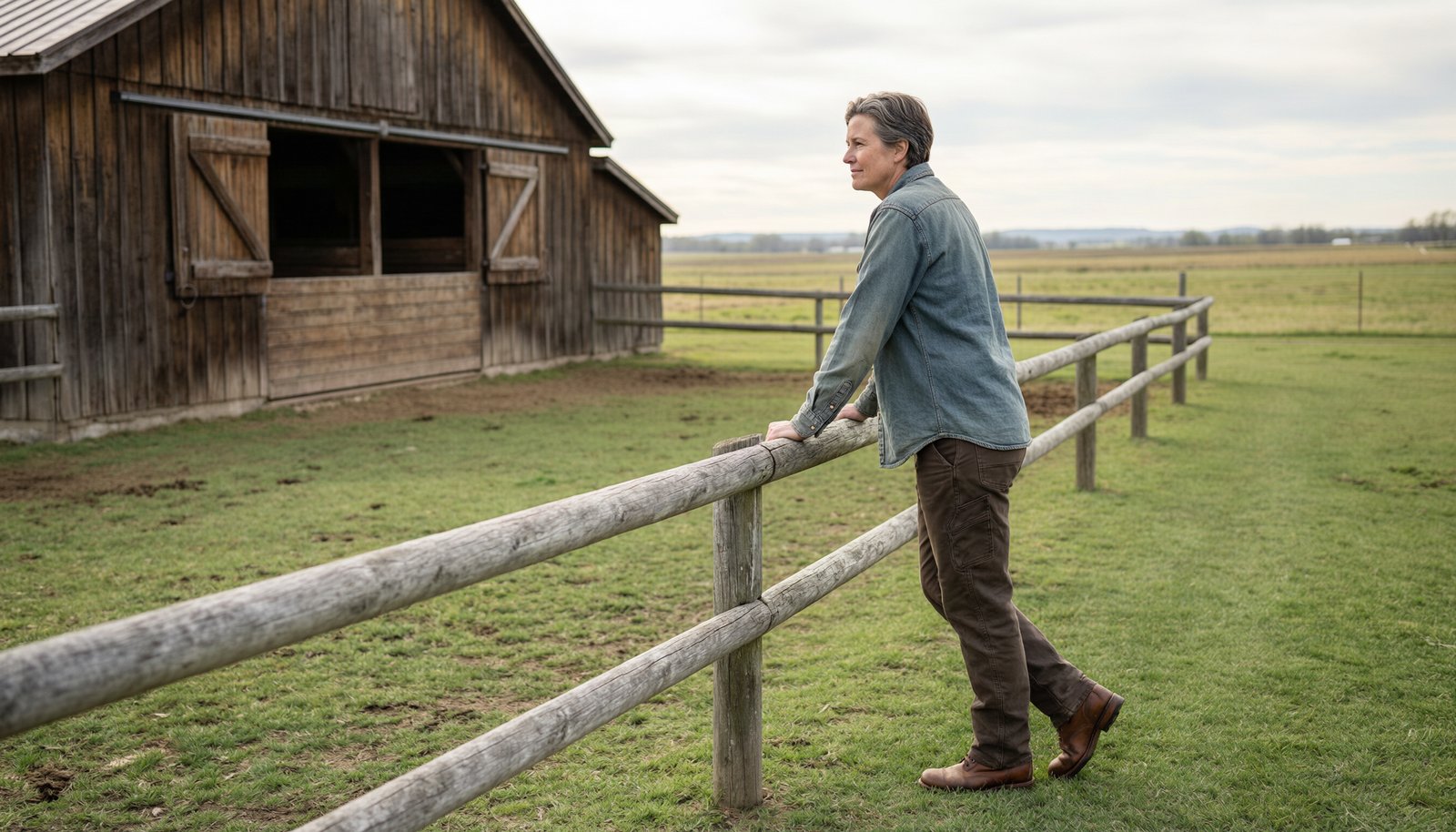A horse owner looking out across a peaceful, expansive rural pasture.